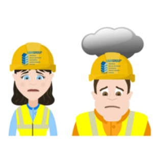 Two construction workers looking unhappy.