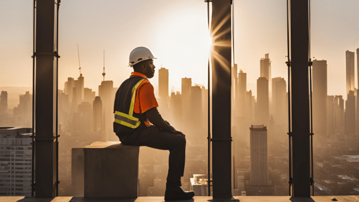 Mental Health in construction | A construction worker sitting near the building edge, admiring the views.