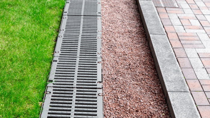 A close-up of a drain near the pavement and grass.